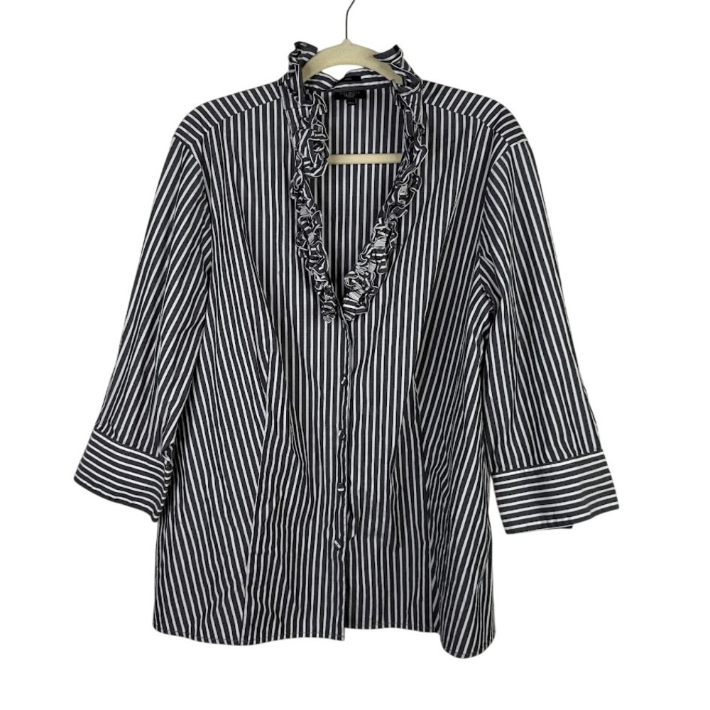 Talbots Cotton Striped Ruffle Neck 3/4 Sleeve V Neck Blouse Black Office 2X 20W‎